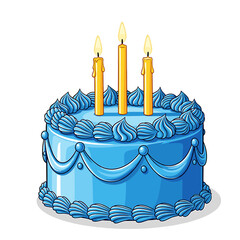 A cartoon illustration of a round blue birthday cake with three lit candles.