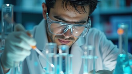 scientist in protective safety glasses and white lab coat conducting research with test tubes