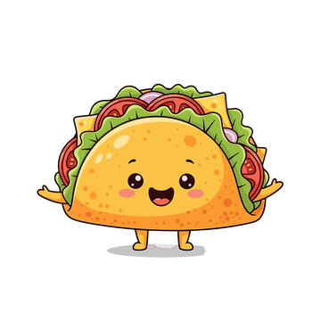 A cheerful cartoon taco with happy expression, filled with lettuce, tomato, and cheese.