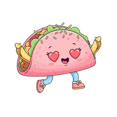 Fototapeta premium A happy, cartoon taco character with heart eyes and excited arms.