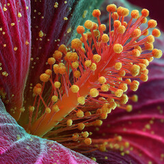 Vibrant microscopic view of pollen grains on a flower stamen, showing intricate textures and vivid colors in extreme close-up.