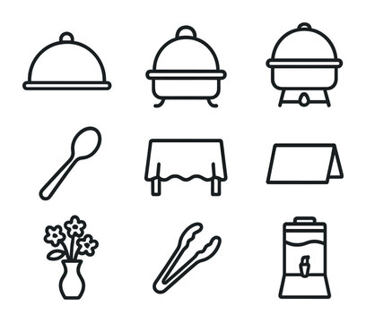 Banquet Service Icons. Outline icon set of banquet and catering service: buffet tray, chafing dish, serving