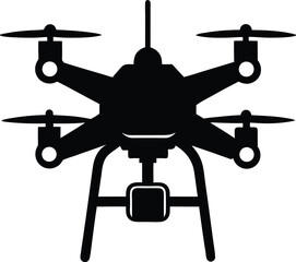 Black Silhouette of Drone  icon with camera flying quadcopter vector illustration isolated on a transparent background