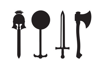 Silhouettes of ancient warrior helmet sword axe and shield