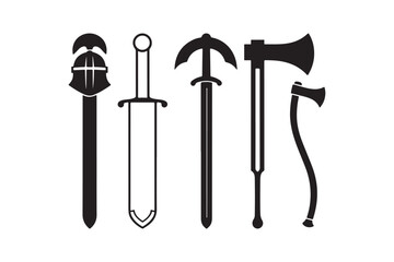 Collection of medieval weapons and armor silhouettes