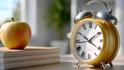 Bright workspace with yellow alarm clock and fresh apple on wooden desk highlighting productivity cues - Powered by Adobe