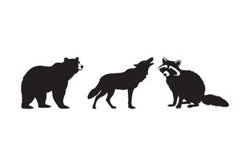 Silhouettes of a bear wolf and raccoon in a row