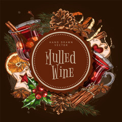 Round frame with mulled wine border, pine cones, holly, cinnamon, orange, anise.