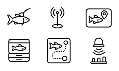 Marine Tracking Icons. Outline icon set of marine animal tracking: satellite tag, radio transmitter, tracking
