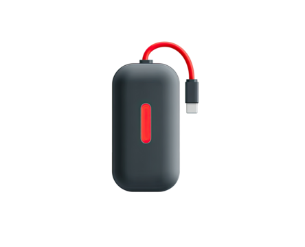 Dark gray rectangular device with red accent