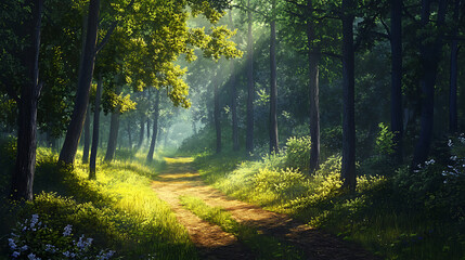 Obraz premium An interactive snapshot of a mid-journey of trees, shading a bustling forest path 