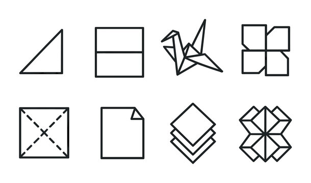 Geometric Origami Icons. Outline icon set of geometric origami and paper crafts: folded triangle, square base,