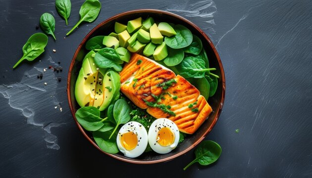 Top view of protein packed keto meal with grilled salmon, avocado, spinach, and eggs with copy space