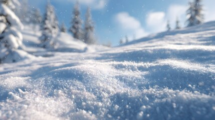 Obraz premium Snow covered surface texture fresh untouched powder background features pine trees and blue winter sky ground level wide shot soft lighting realistic seasonal texture