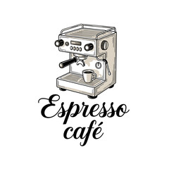 Illustration of an espresso machine with a cup, accompanied by the text "Espresso café".