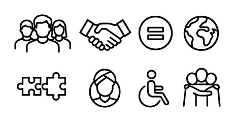 Diversity Icon Set. Outline icon set of workplace diversity and inclusion: diverse group, handshake, equality
