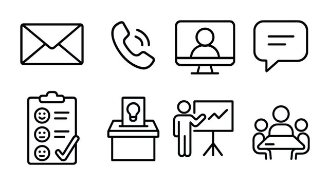 Workplace Communication Icons. Outline icon set of workplace communication: email, phone call, video