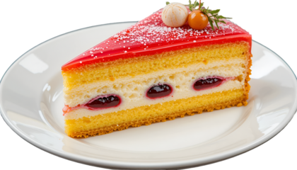 A slice of cake with red jelly topping and cherry filling on a white plate in a studio setting view .