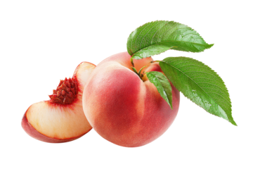 Fresh peach with leaves and slice