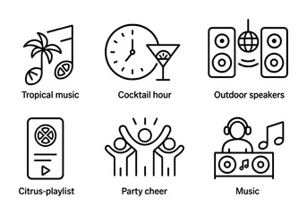 Citrus Party Icons. Outline icon set of citrus-themed party music and ambiance: tropical music notes, cocktail