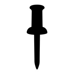 Simple black silhouette illustration of a push pin on a white background