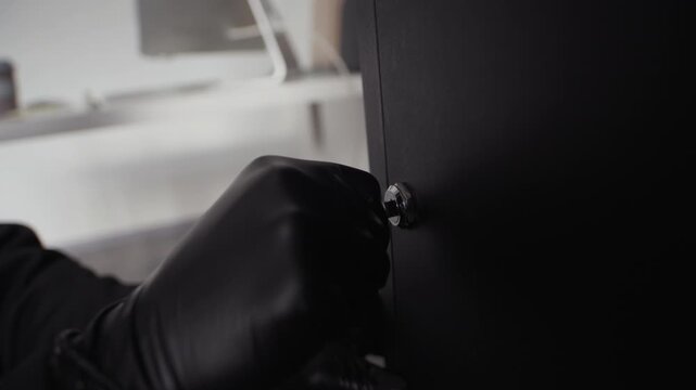 Close up on focused masked male criminal cracking deposit safe lock with lockpicks then successfully opening door while robbing corporate office