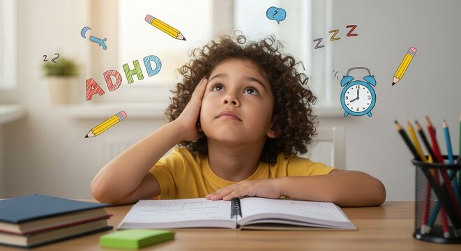 Distracted young boy with ADHD sitting at desk surrounded by school supplies