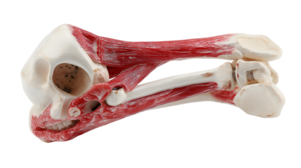 Human elbow anatomy model with muscles and bones isolated on white