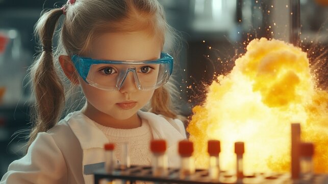 Young scientist in safety glasses conducts a dramatic chemical experiment with a spectacular fiery explosion in a laboratory setting