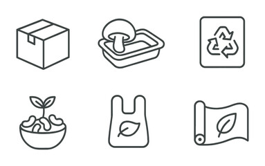 Eco-Friendly Packaging Icons. Outline icon set of green packaging solutions: kraft paper box, biodegradable
