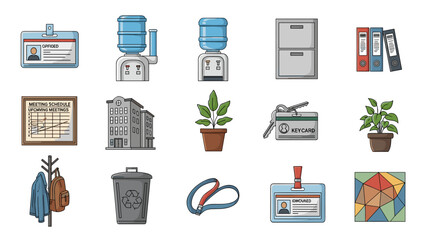 A collection of office related items including water coolers and office supplies on a white background