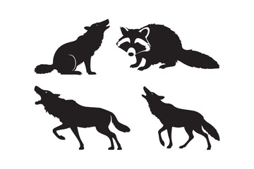 Silhouette collection of howling wolves and a raccoon