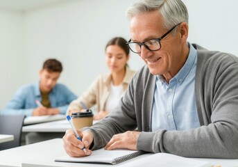 Elderly man engaged in classroom setting with diverse students taking notes