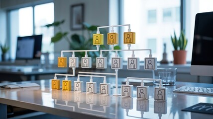 Organizational hierarchy chart model on desk in modern office showing corporate structure and team management.