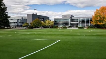 Fall day at university campus with green sports field and modern buildings under a cloudy sky