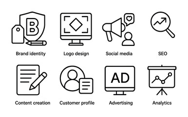 Marketing Icon Set. Outline icon set of marketing and branding: brand identity, logo design, social media