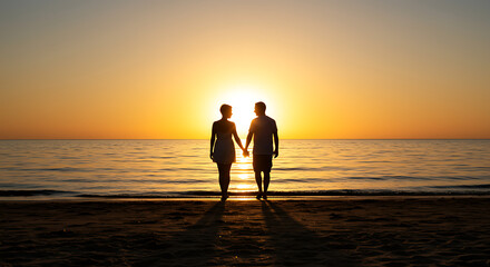 Fototapeta premium Silhouette of Couple Holding Hands at Sunset Beach