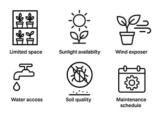 Urban Gardening Icons. Outline icon set of urban gardening challenges: limited space, sunlight availability,