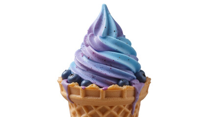 A close up of a swirled ice cream cone with blueberries and blue and purple soft serve ice cream on top .