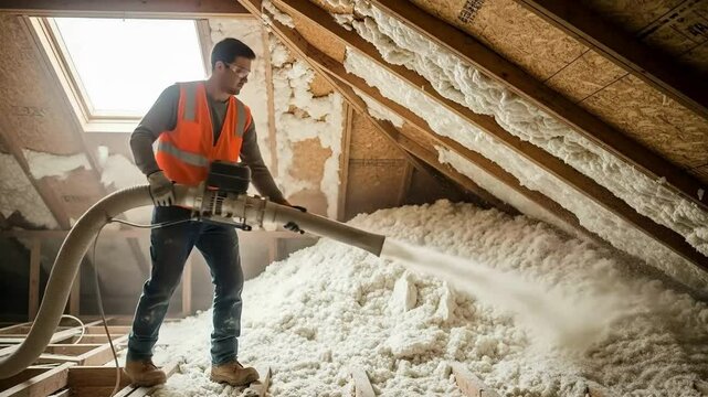 Construction Worker Installing Blown-In Attic Insulation for Home Energy Efficiency. Building Renovation and Sustainable Property Upgrade Concept.
