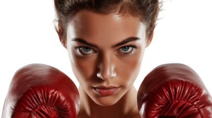 Female boxer in red gloves with intense focus isolated on white