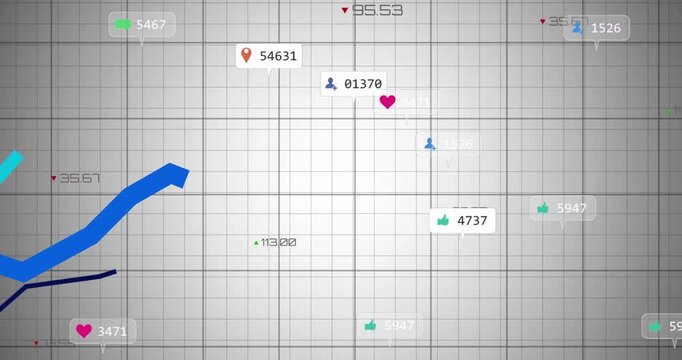Grid opening starting label appearing with icons, three trend lines sliding upward updating metrics