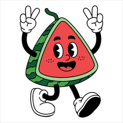 Funky watermelon mascot in vintage retro doodle style, walking smiling fruit character vector, perfect for 70s themed comics and summer designs
