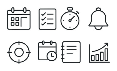 Time Management Icons. Outline icon set of time management for self-promotion: calendar, task list, timer,