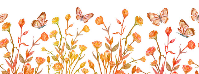 watercolor seamless border with blooming grass and butterfly