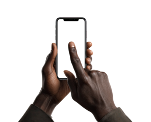 Close-up of dark-skinned hands holding a smartphone, fingers touching the screen