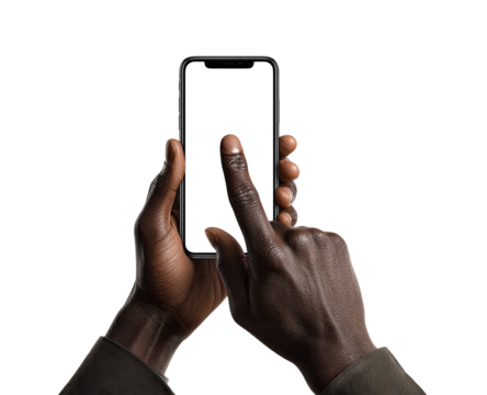 Close-up of dark-skinned hands holding a smartphone, fingers touching the screen