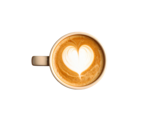 Heart Latte Art in Rustic Mug with Coffee Beans – Flat Lay Composition
