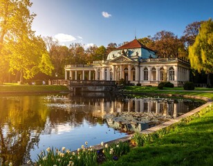 Obraz premium Park pavilion reflected in a pond at sunset