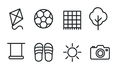 Outdoor Family Icons. Outline icon set of outdoor family activities: kite, soccer ball, picnic blanket, tree,